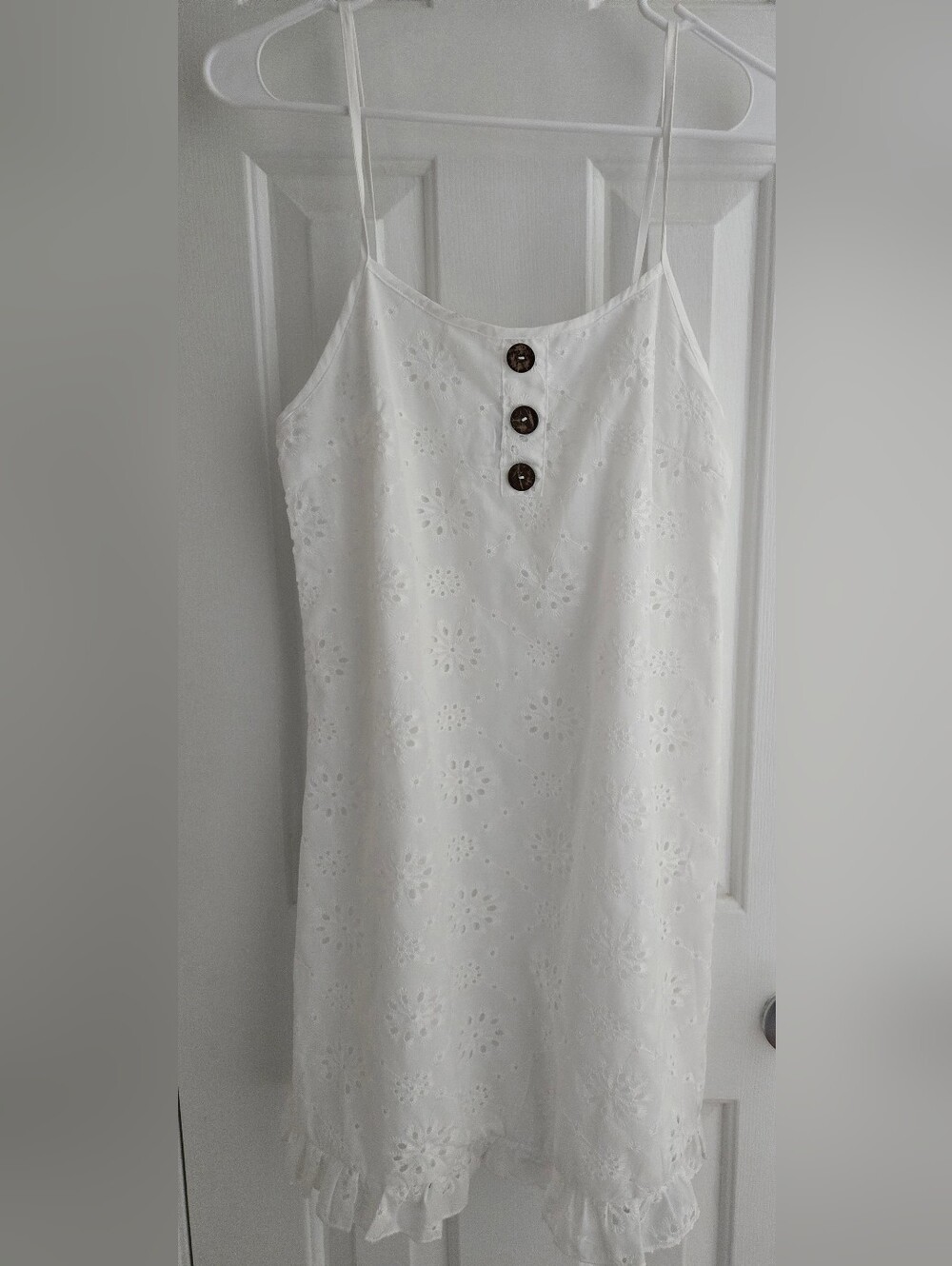 SHEIN White Cotton Eyelet Button Spaghetti Strap Mini Dress Size Small EUC